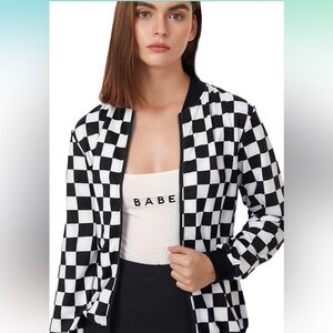 checkered print skater zip up black and white jacket medium
